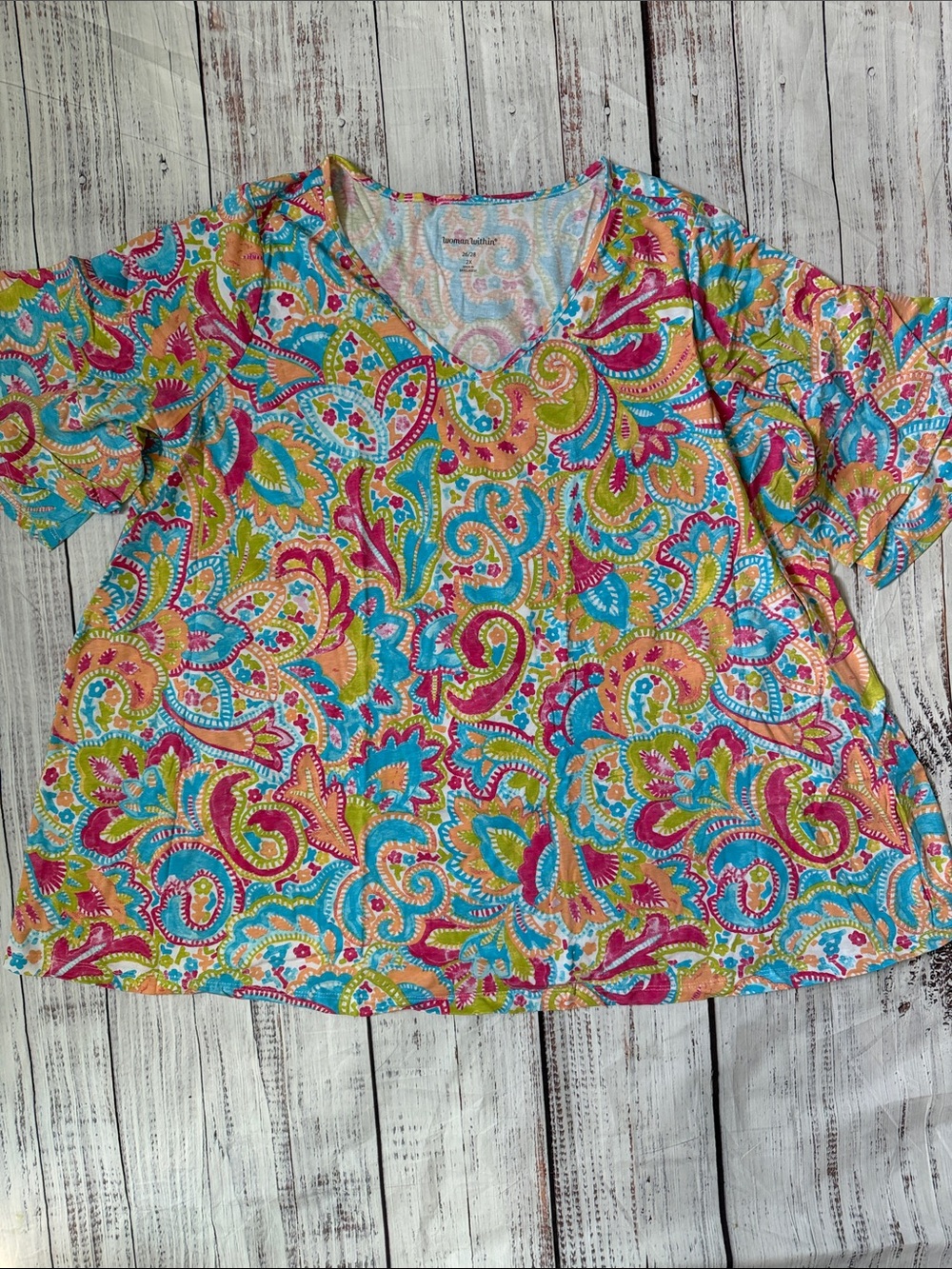 Woman Within V-Neck Paisley Tunic in Pink, Turquoise, Yellow